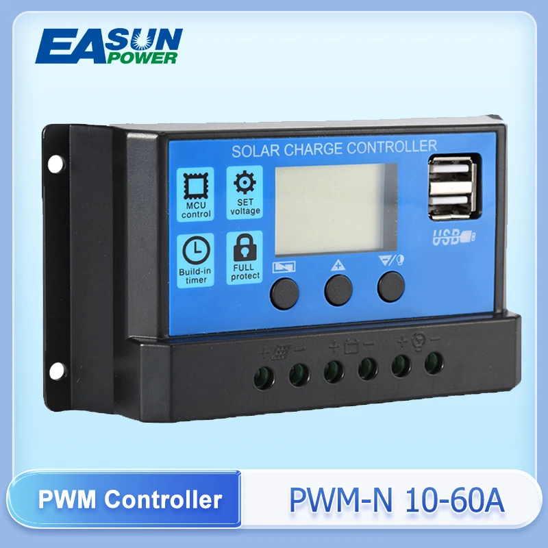 

Solar Charger Controller with 60A/50A/40A/30A/20A/10A and 12V 24V Auto PWM Controllers LCD Display 5V Dual USB Output