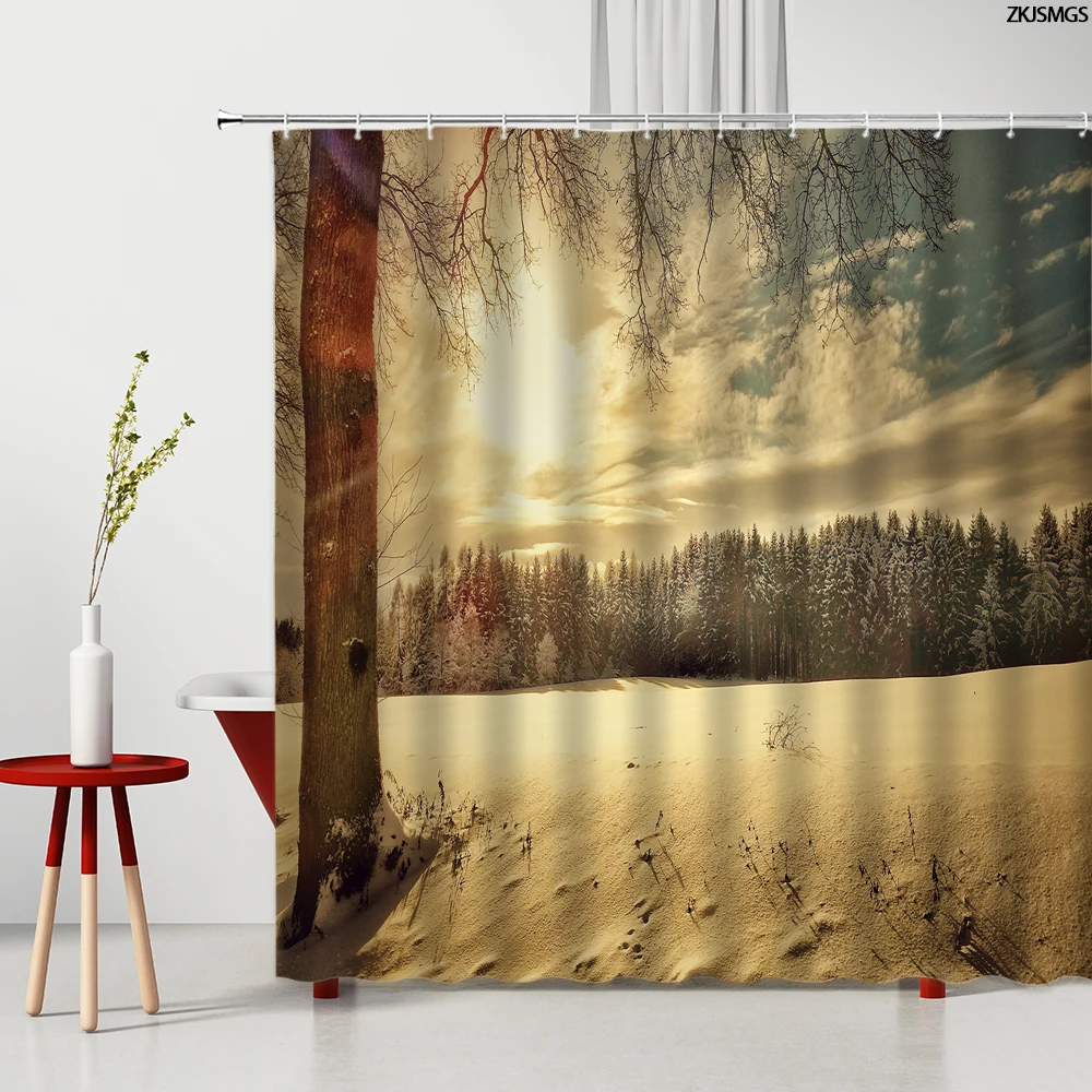 

Forest Snow View Shower Curtain Snowflake Mountain Tree Plant Street Lamp Scenic Hanging Curtains Bathroom Waterproof Home Decor