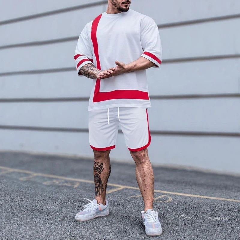 

New Fashion Sports Casual Men's Teenage Suit Office Fashion O-Neck Colorblock T-Shirt + Lace-Up Shorts Two-piece 2022 Men's Suit