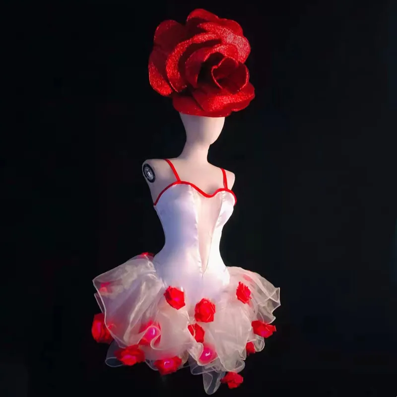 

Valentine's Day Sexy Stage Wear luminous LED Rose Flower Big Headgear White Gauze Floral Dress Bar Performance Dance Costume