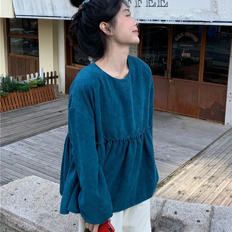 Женская Вельветовая футболка с длинным рукавом-фонариком