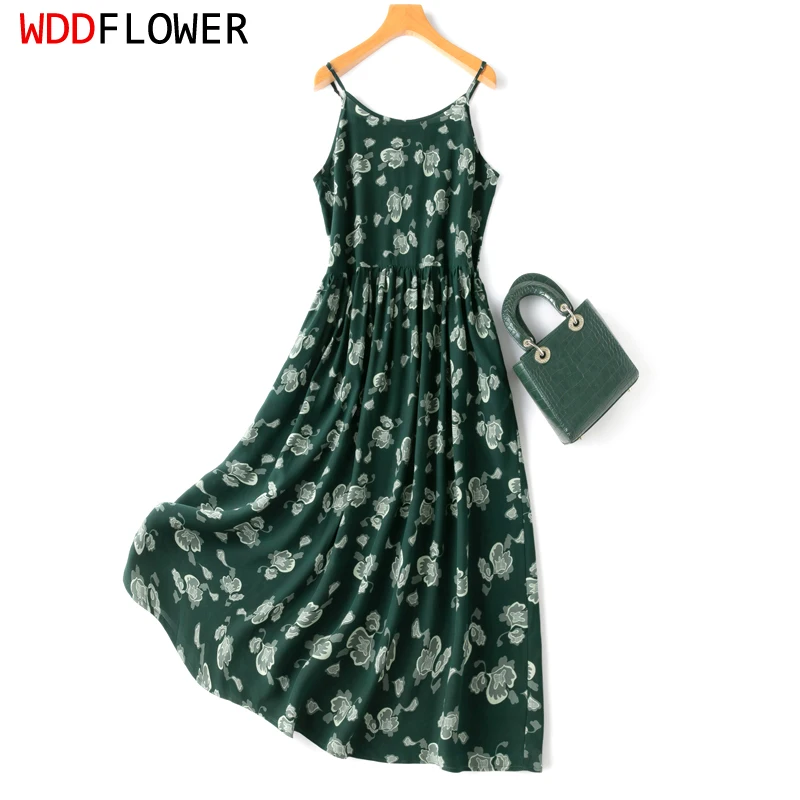

Женское шелковое платье-рубашка, зеленое пляжное платье-комбинация из шелка крепа тутового шелкопряда на бретелях-спагетти с цветочным принтом, Размеры M, L, XL, MM995, лето 100%