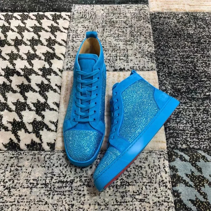 

Luxury Designer Light Blue Crystal Real Leather High Top Red Bottom Shoes For Men's Casual Flats Loafers Women's Tennis Sneakers