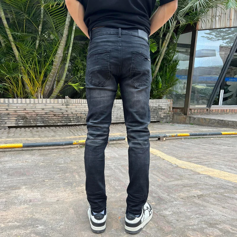 Street Fashion Men Jeans Retro Black Gray Stretch Elastic Skinny Ripped Jeans Men Patched Designer Hip Hop Brand Pants Hombre