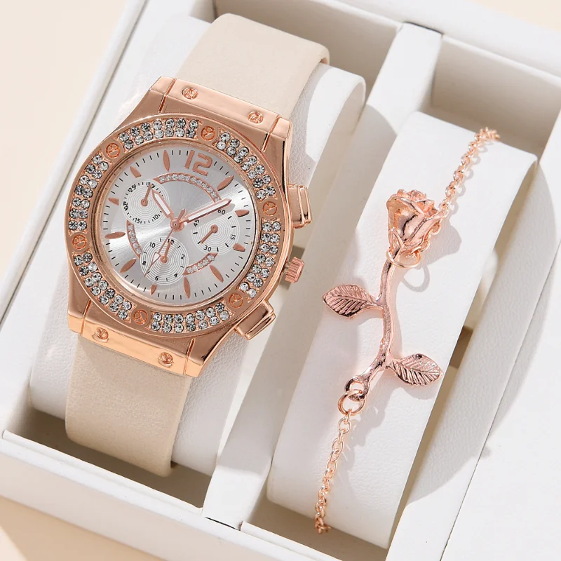 

Комплект женских часов, роскошные модные элегантные наручные часы из сплава для женщин, кварцевые часы, браслет из розового золота