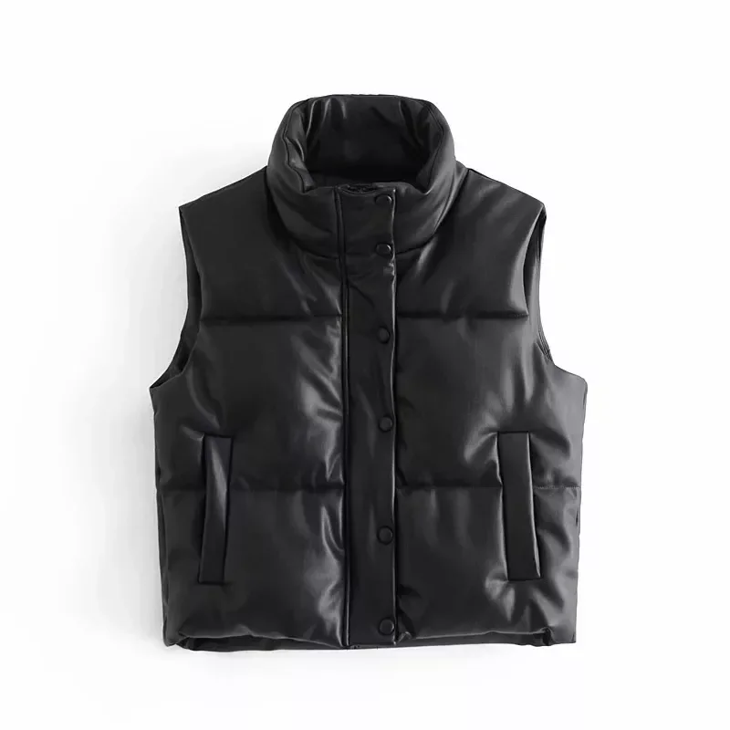 

2023New Stand Collar Vests Women Fashion Zipper PU Leather Coats Women Elegant Autumn Winter Short Vests Female Ladies