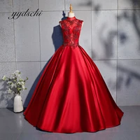 2022 elegant red simple high neck sleeveless prom dresses satin beading appliques lace up evening dress for women party gowm