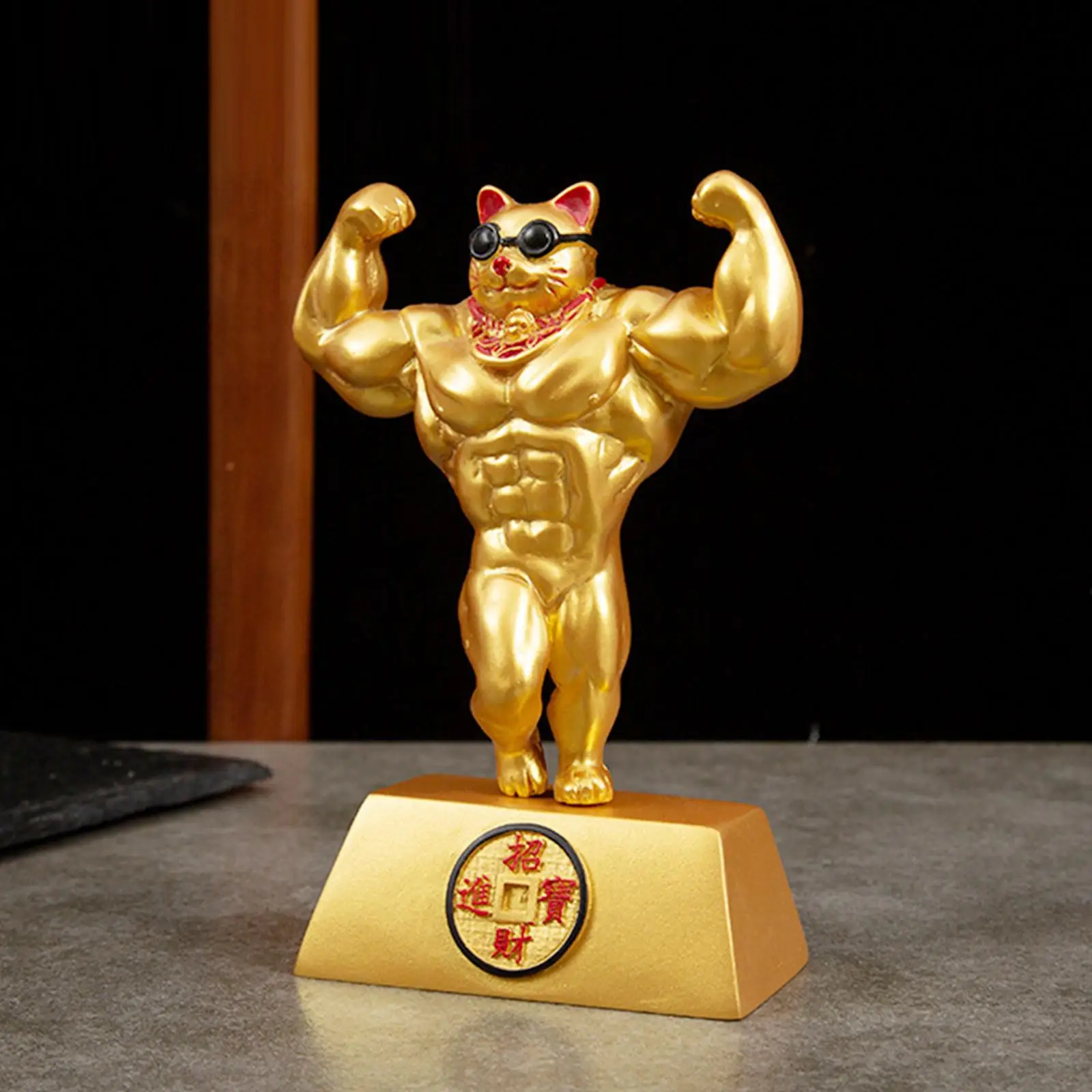 

Gold Chinese Lucky Cat Figurine Hand Muscle Arm Decoration 6.3" Home Resin