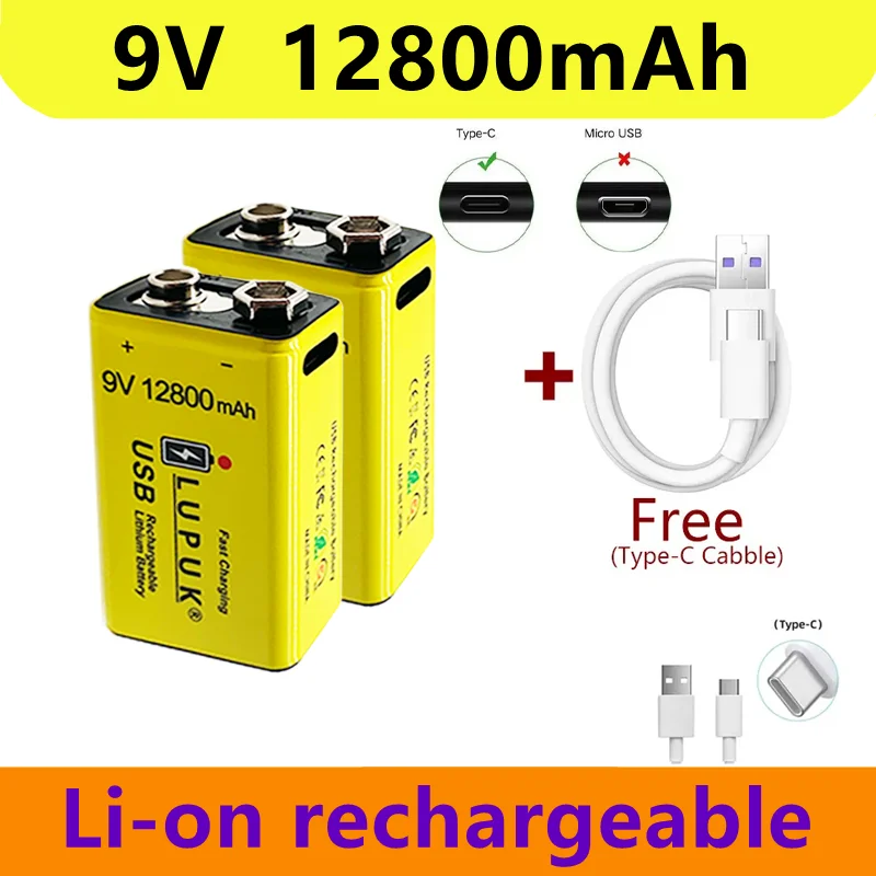 

2023 9V 12800mAh Li-ion Battery Micro USB Batteries 9V Lithium For Multimeter Microphone Toy Remote Control KTV Use