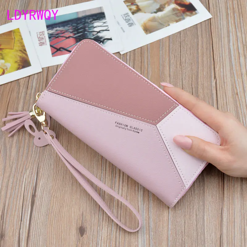 

2022 New Handheld Wallet Women's Long Korean Color Contrast Splice Zipper Tassel Large Capacity Wallet