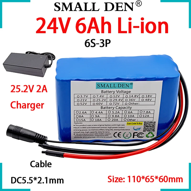 Новый комплект литиевых батарей 24 в 6 Ач 18650 6S3P 350 Вт 6000 мАч Встроенный BMS Электрический велосипед мопед мотор литий-ионные элементы + зарядное устройство 25,2 в 2 А