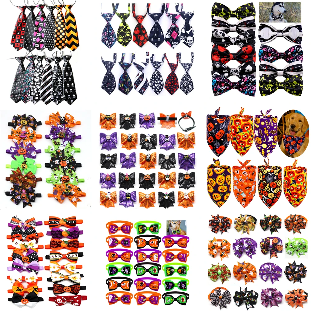 50pcs Halloween Dog Accessories Pumpkin Skull  Dog Pet Bow Tie Bandana for Holiday Small Dog Grooming Products Large Dog Items