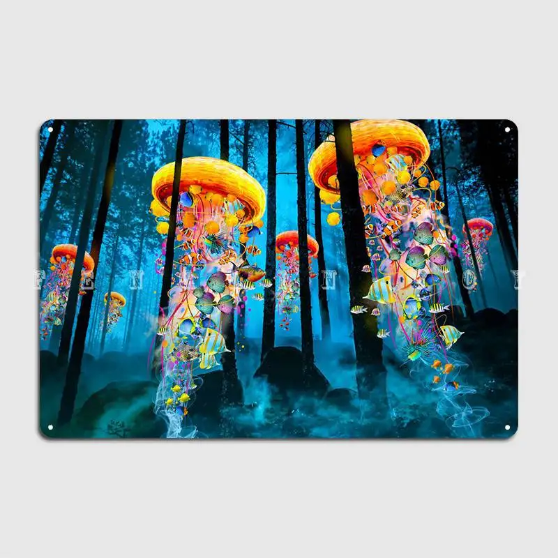 

Jellyfish Forest Blue Poster Metal Plaque Club Pub Garage Customize Poster Tin Sign Poster