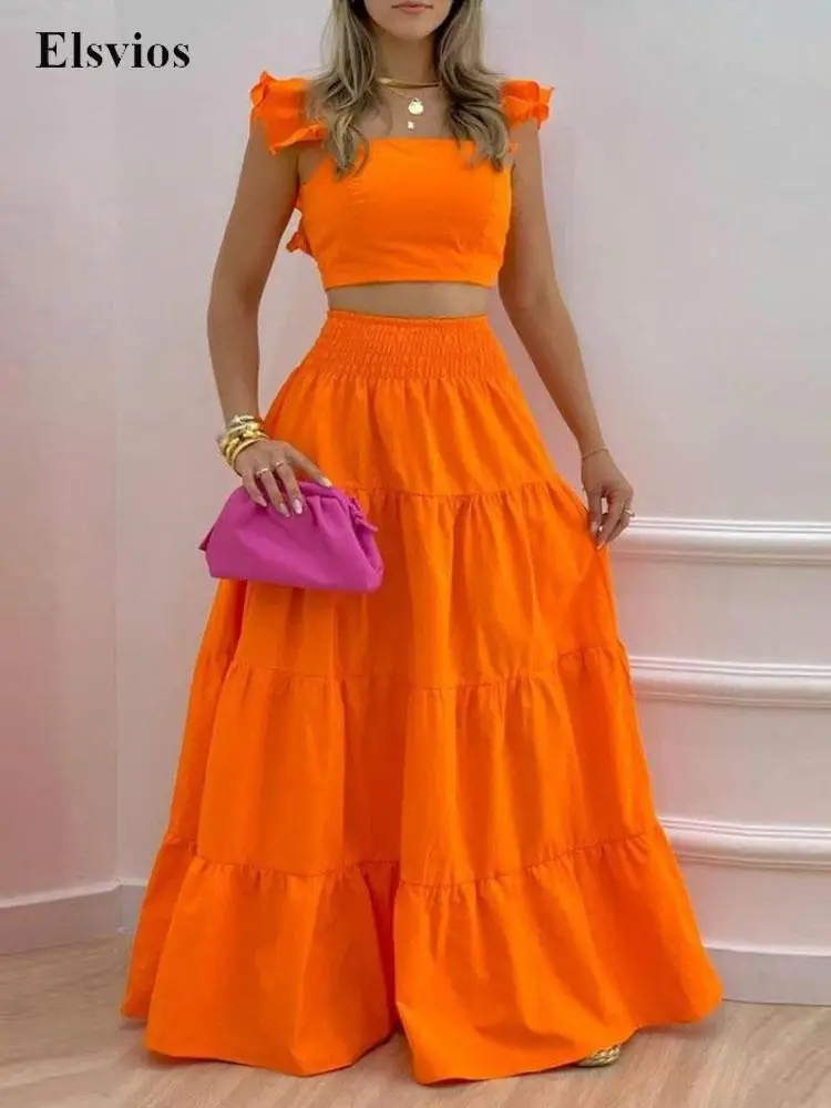 

Women Summer Beach Boho Set Casual Loose Hem Skirt Suits And Elegant Ruffle Straps Crop Tops Outfits Fashion Office Lady Outfits