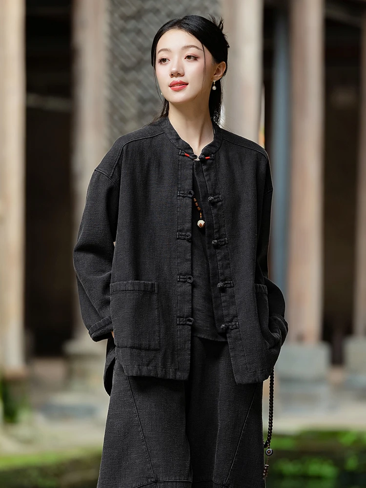 Осенне-зимний китайский кардиган в стиле ретро верхняя одежда женский Ramie Sand Fried
