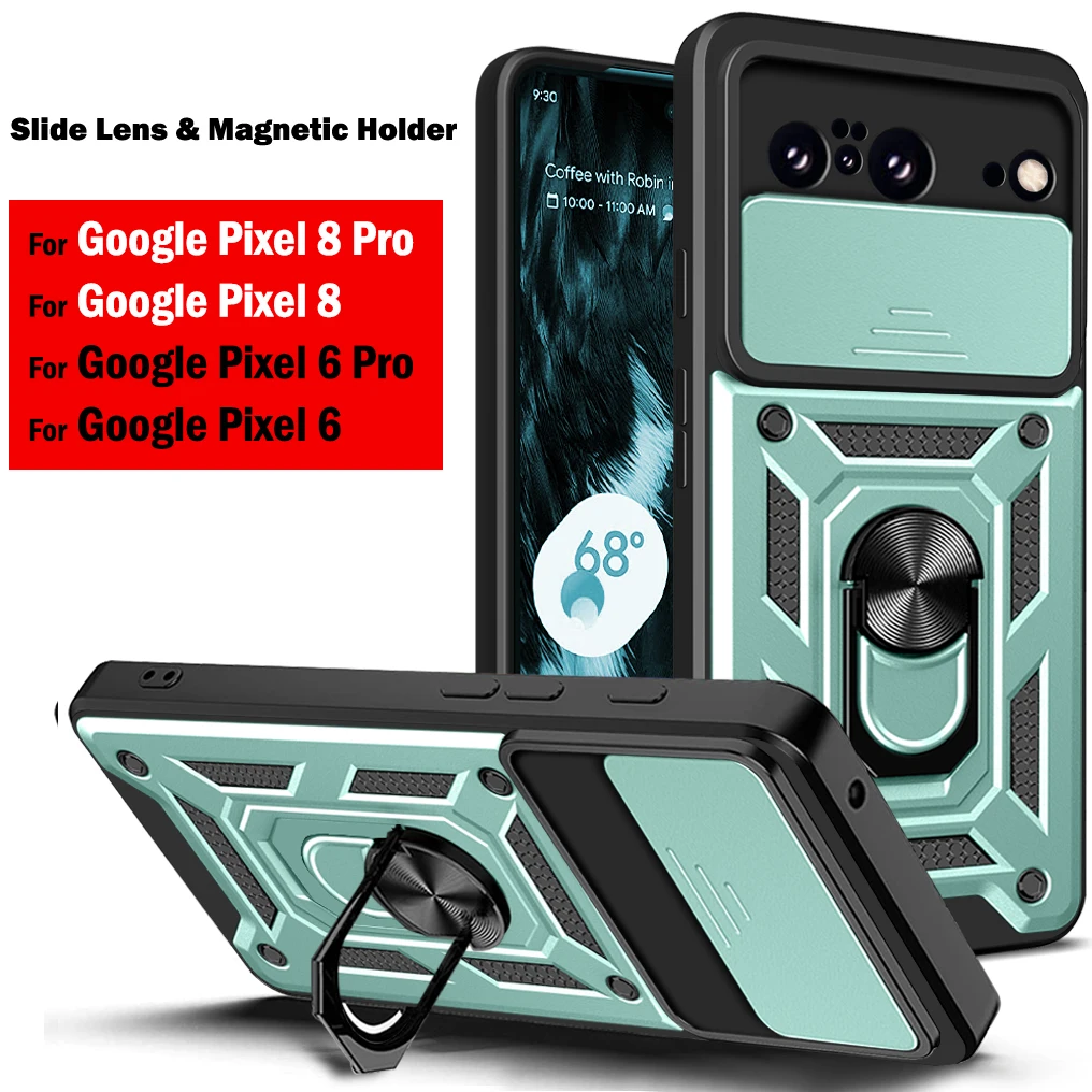

Armor Funda for Google Pixel 8 Pro Case for Google Pixel 6 8 Pro Case Slide Lens Protective Magnetic Ring KickStand Holder Cover