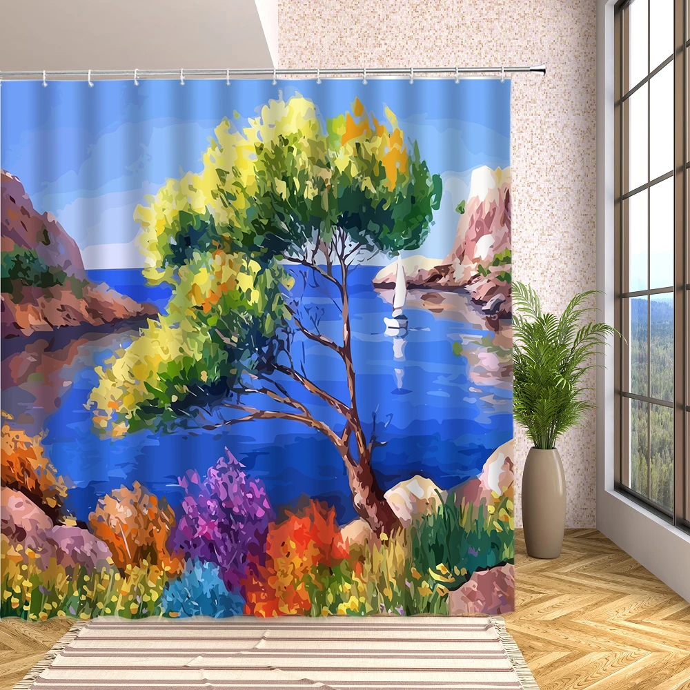

Oil PaintingMountain Scenic Shower Curtain Bath Nature Lake View Forest Pine Trees Scenery Bathroom Decor with Hooks Bath Screen