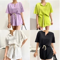 elegant knitted tracksuit women short sleeve v neck pocket top and drawstring wide leg shorts suit casual homewear two piece set