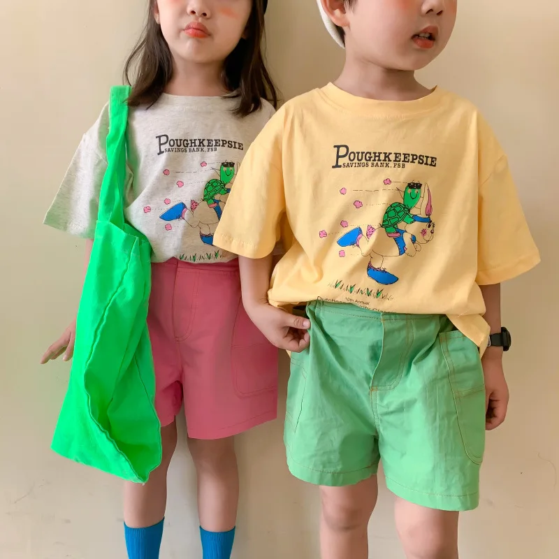 

Летняя футболка с коротким рукавом и мультяшным принтом для мальчиков и девочек, детский Свободный Топ с круглым вырезом, 2022