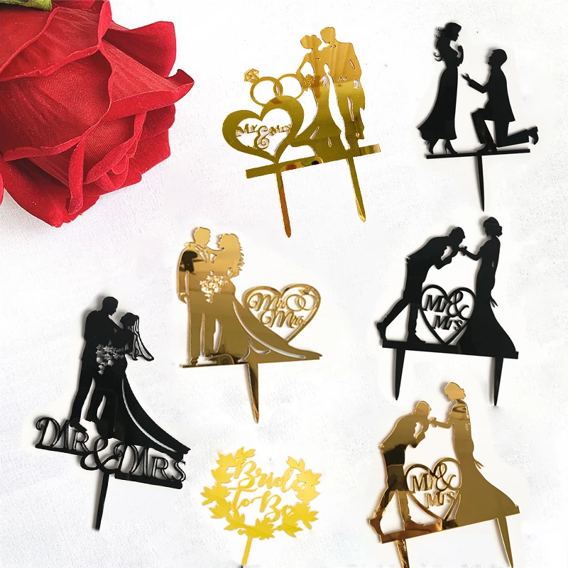 5pcs/lot Wedding Decoration Cake Topper Acrylic Couple Cake Toppers Party Supplies  Golden Black Cake Decorations Married Mr&Mrs