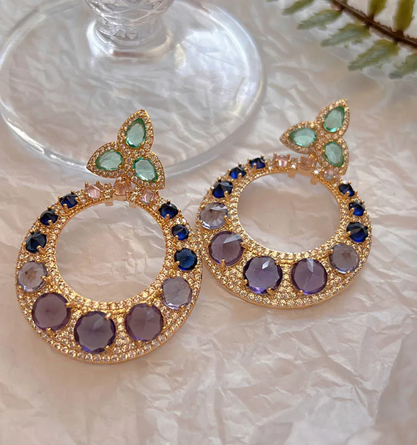 

French colorful gems round pendant stud earrings sparkling romance banquet fabulous ear jewelry