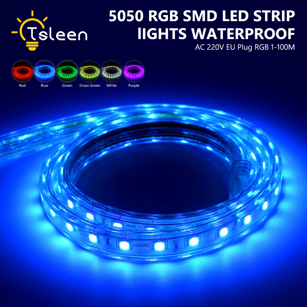 

RGB Светодиодная лента, стандарт ЕС, адаптер 1-25 м, SMD 5050, 220 В, водонепроницаемость IP67, цвет источника питания для комнаты, спальни, домашнего интерьера