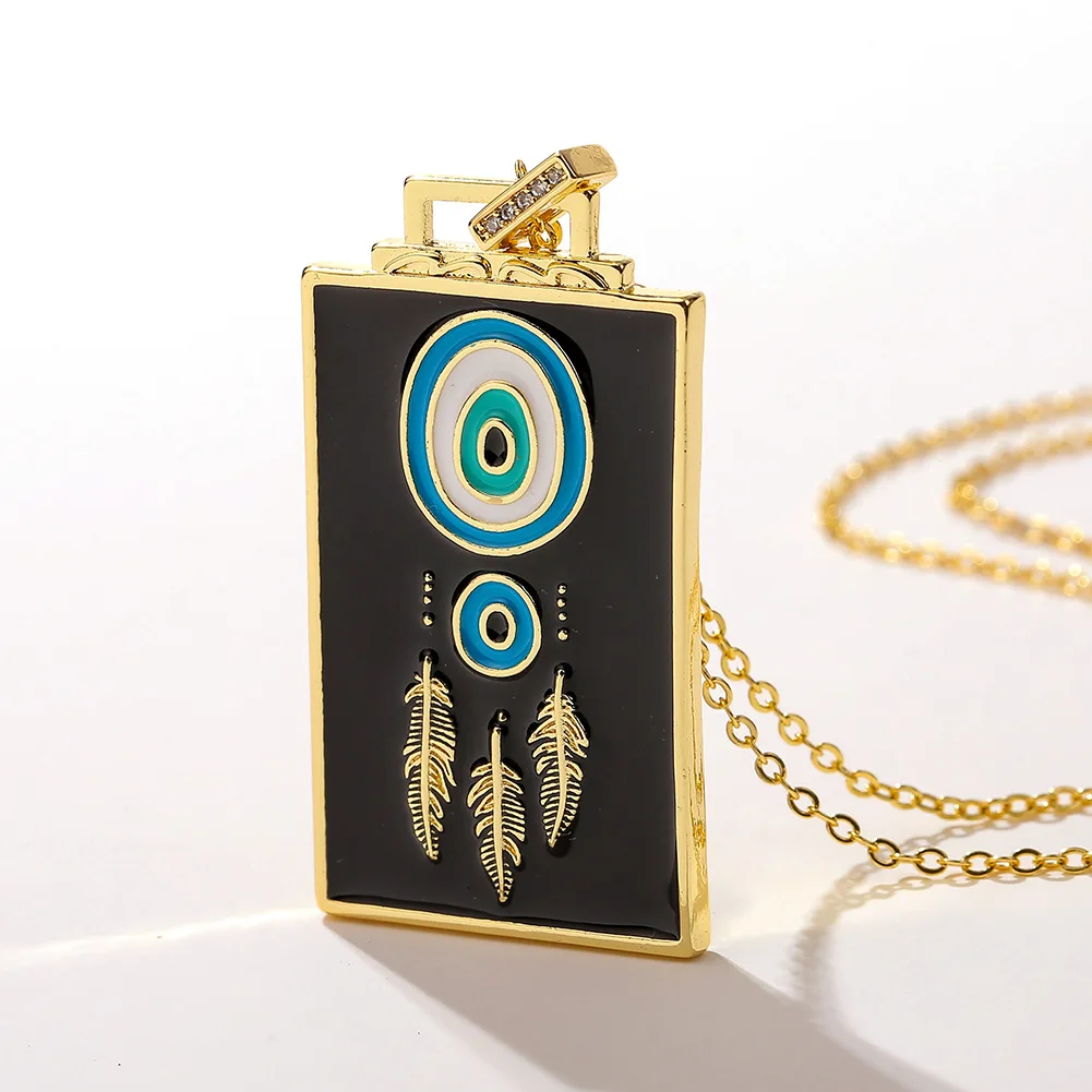 

European and American Ins Jewelry Enamel Feather Pendant Rectangular Personality Necklace Women's Hip Hop Accessories