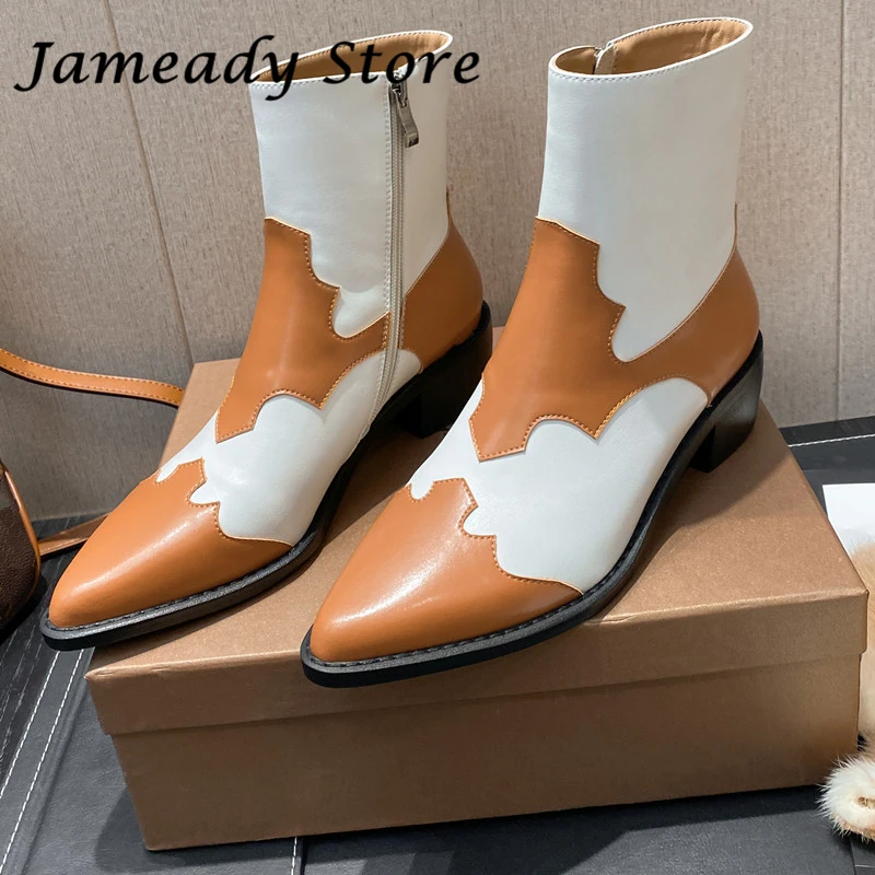

New Women Multi Color Western Boots Chunky Platform Ankle Boots Pointed Toe Ankle Boots Lady Autumn Winter British Botas Mujer
