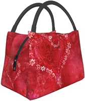 red heart flower print portable insulation bag cooler bag lunch box for office work school picnic beach