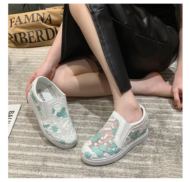 

Ladies Fashion Breathable Lace Mesh Flower Embroidery Pumps Thick Bottom Slip On Comfortable Casual Women Heightening Shoes
