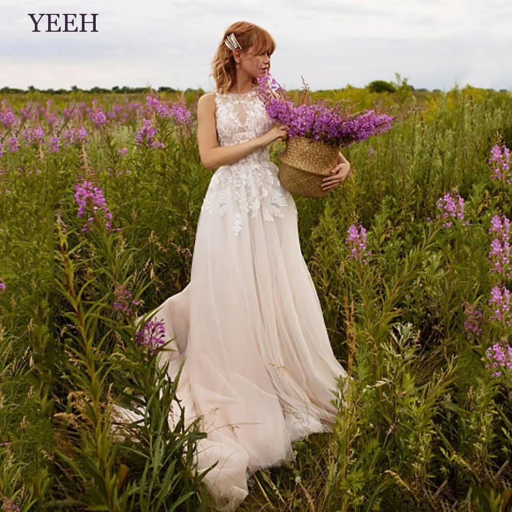

YEEH Boho Lace Appliques Wedding Dress For Women Sleeveless A-Line Hgih Neck Bridal Gown Sweep Train Country Robe De Mariée