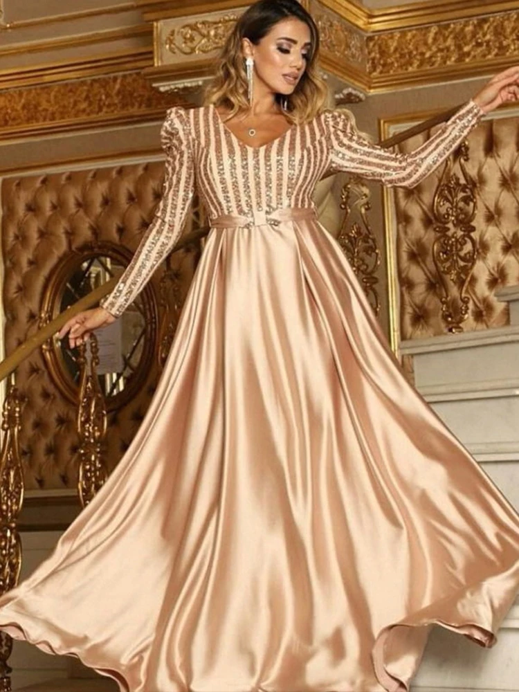 PLEINDI Luxurious Evening Dresses V-Neck Long Sleeves A-LINE Chiffon Floor-Length 2022 New of Sequined Exquisite Prom Dress Wome
