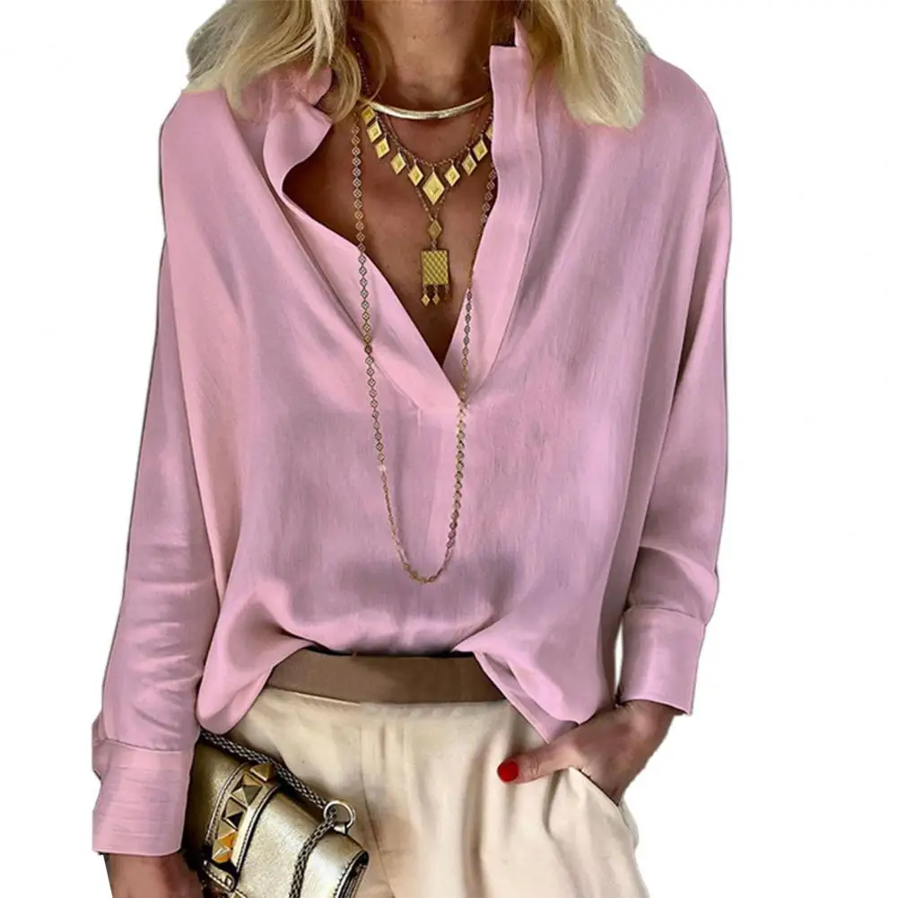 

Women Chiffon Blouse V-neck Stand Collar Loose Pullover Shirt Autumn Long Sleeve Casual Button Shirt Office Work Wear Tops