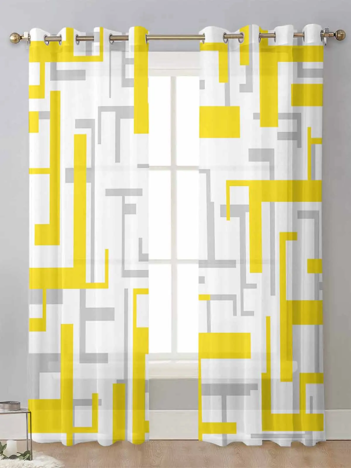 

Modern Art Geometry Yellow Grey Sheer Curtains For Living Room Window Transparent Voile Tulle Curtain Cortinas Drapes Home Decor