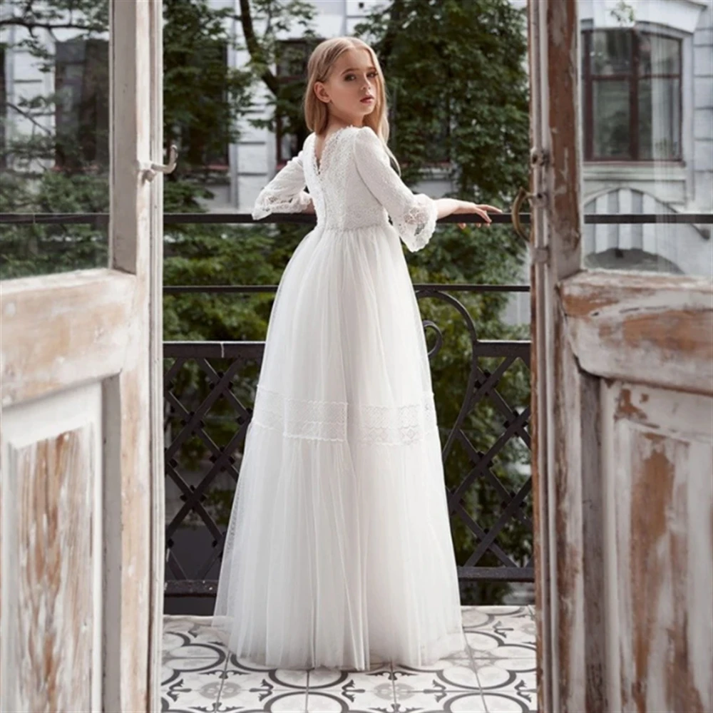 

White Lace High Waist Long Tulle Half Sleeve Beaded Decorative Flower Girl Dress Wedding Dream Child Birthday Supper Dress