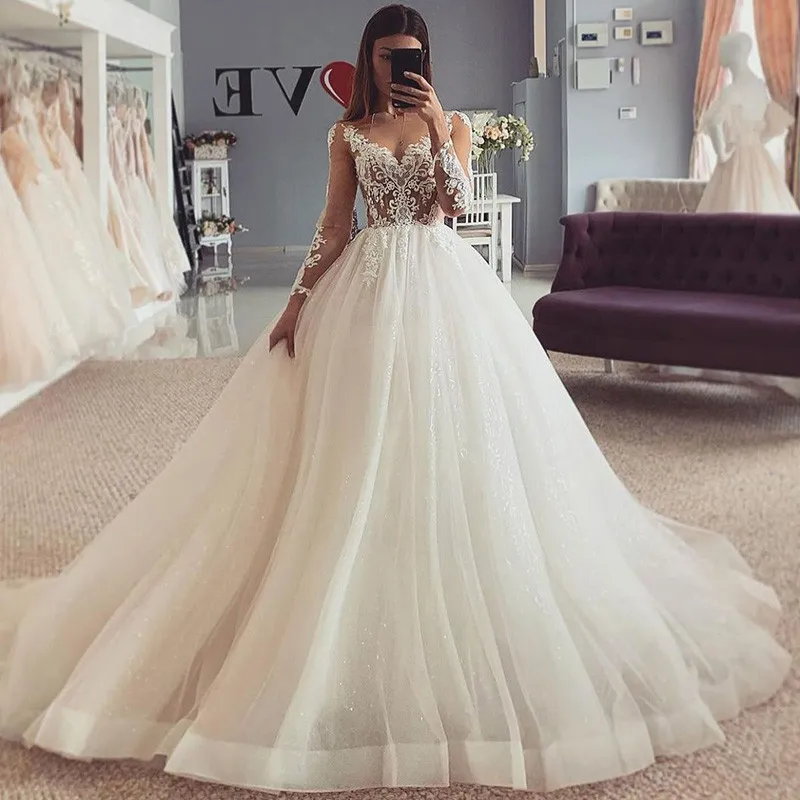 

Simple Shining Wedding Dresses Princess Ball Gown Scoop Neck Bride Gown Full Sleeve Elegant Bridal Dress Vestido De Novia