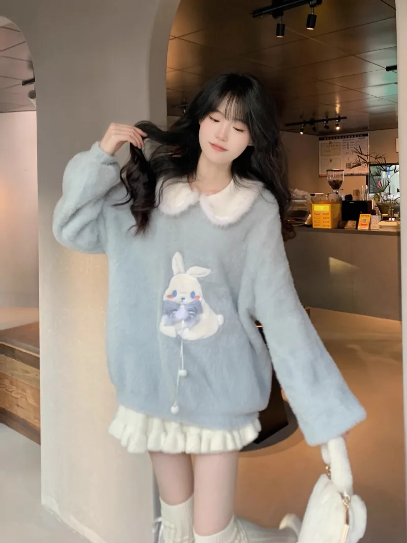 Женский свободный свитер из меха норки голубой вязаный пуловер в японском стиле
