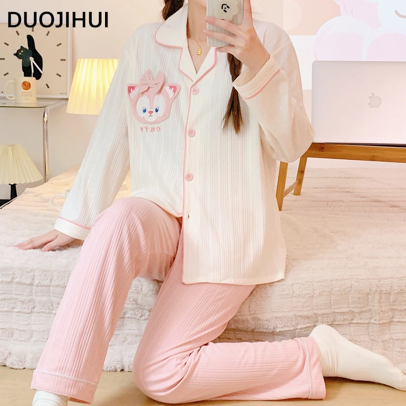 

DUOJIHUI розовая Женская пижама из двух частей с принтом Chicly Базовая простая модная классическая Осенняя Новая повседневная домашняя пижама для женщин