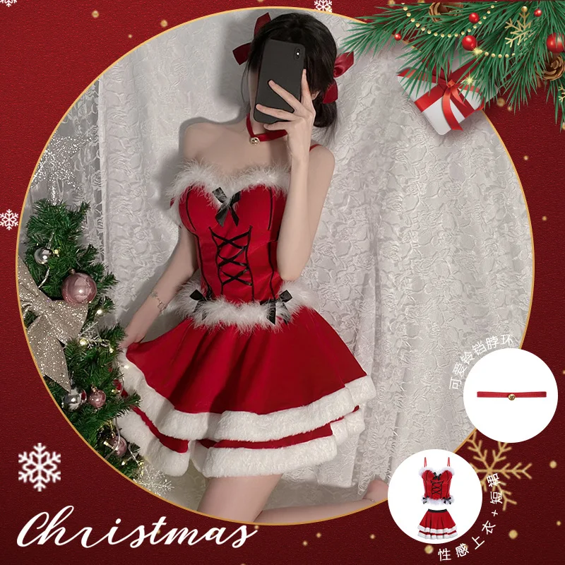 

Christmas Costumes Lolita Maid Red Dress Women Soft Velvet Bunny Lingerie Xmas Red Santa Claus Cosplay Party Outfits