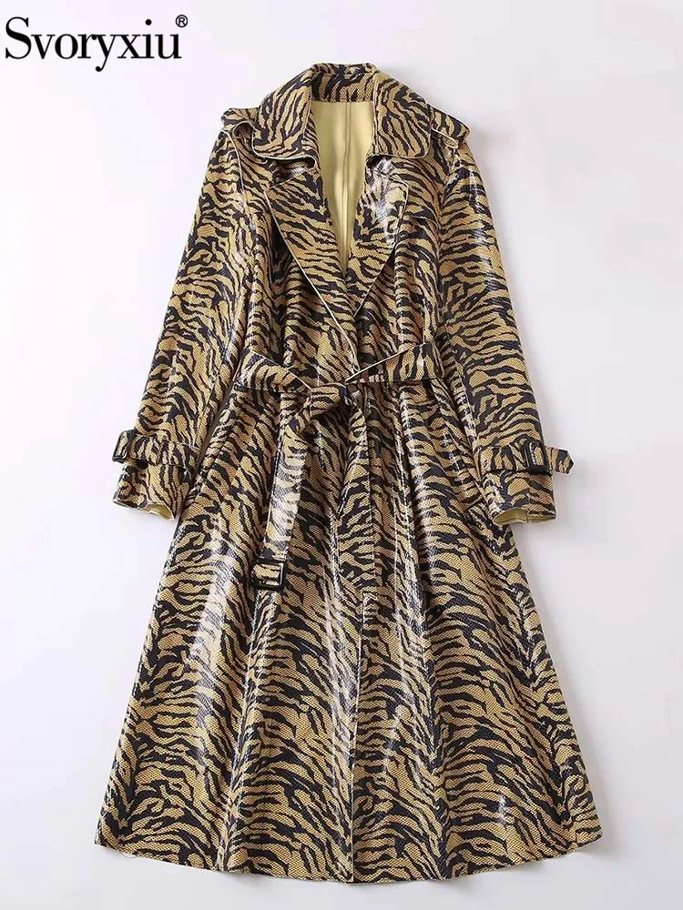 

Женское длинное пальто на завязках Svoryxiu, разноцветное винтажное пальто с леопардовым принтом, отложным воротником и карманами на осень и зиму