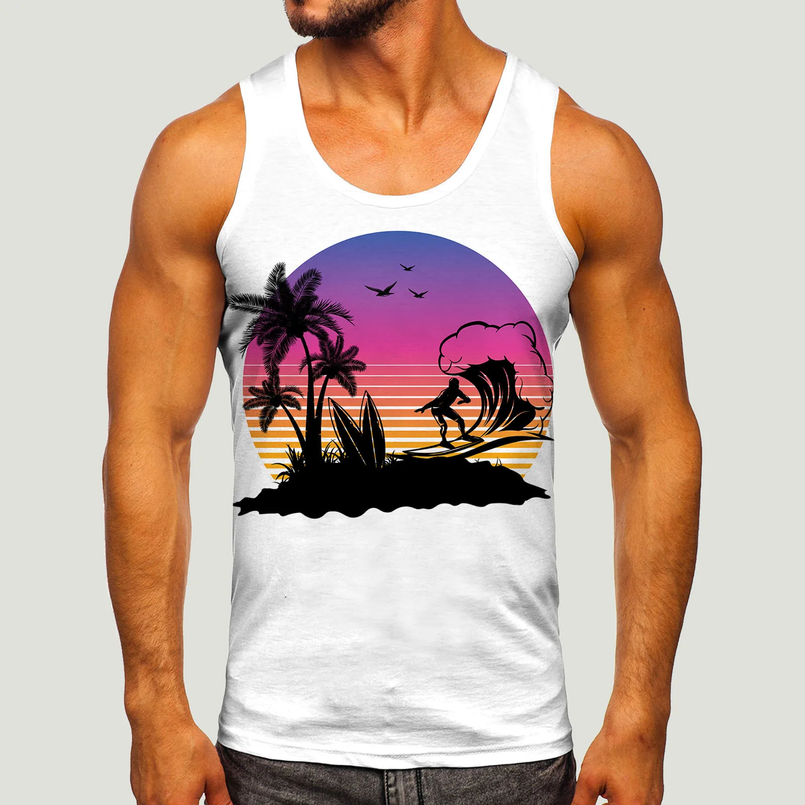 

Men's Beach Coconut Tree Print Vest Summer Casual O Neck Printed Sleeveless Gym Tank Tops Men Gym Clothing Bodybuilding 2023