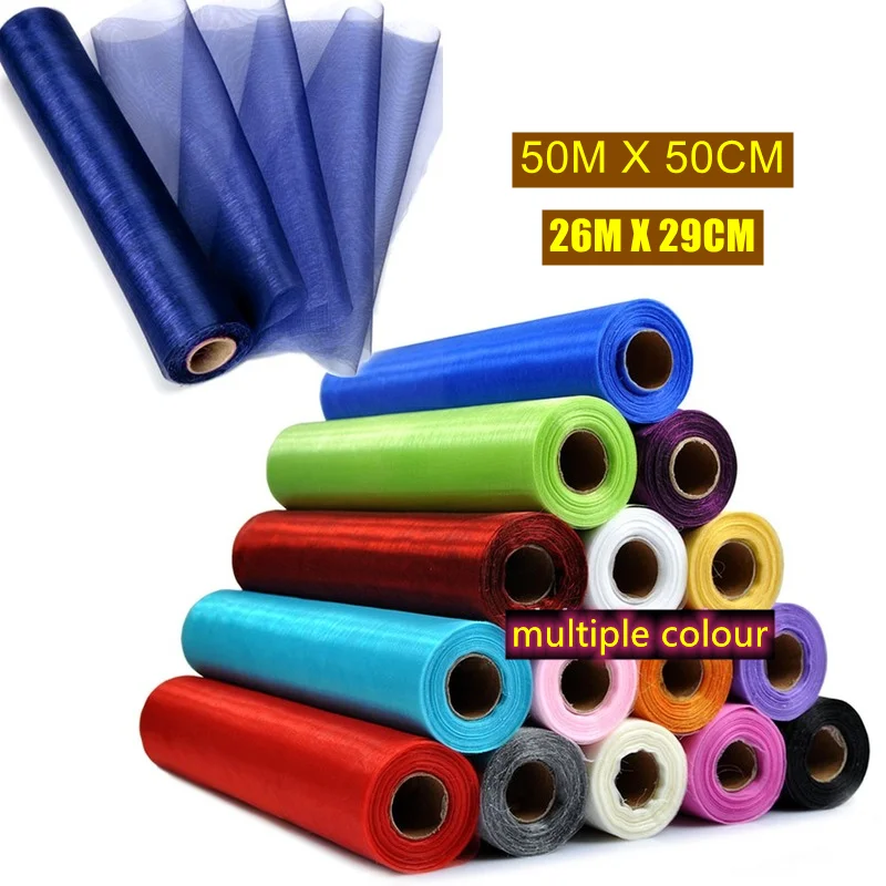 

50m X 50cm 26M X 29CM Sheer Organza Roll Fabric DIY Wedding Party Snow Yarn Roll Chair Sash Bows Table Runner Swag Decor