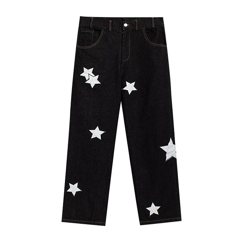 Four Seasons Men's Retro Hiphop Five-pointed Star Embroidered Standard Jeans Trend High Street Loose Straight Pants Ins Hot Sale