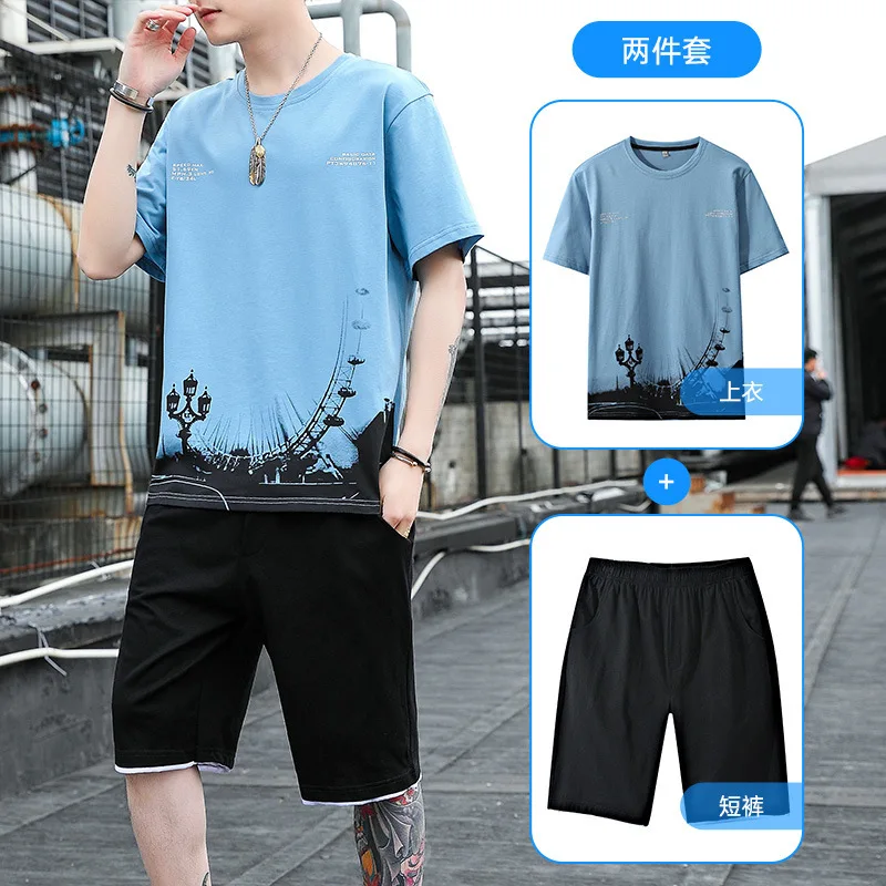 

Men Outfit Set 2022 Summer Tracksuit Fashion Short Sleeve Sportswear Ink Print T Shirts+Shorts 2 PC Sets Men Casual Sports Suits