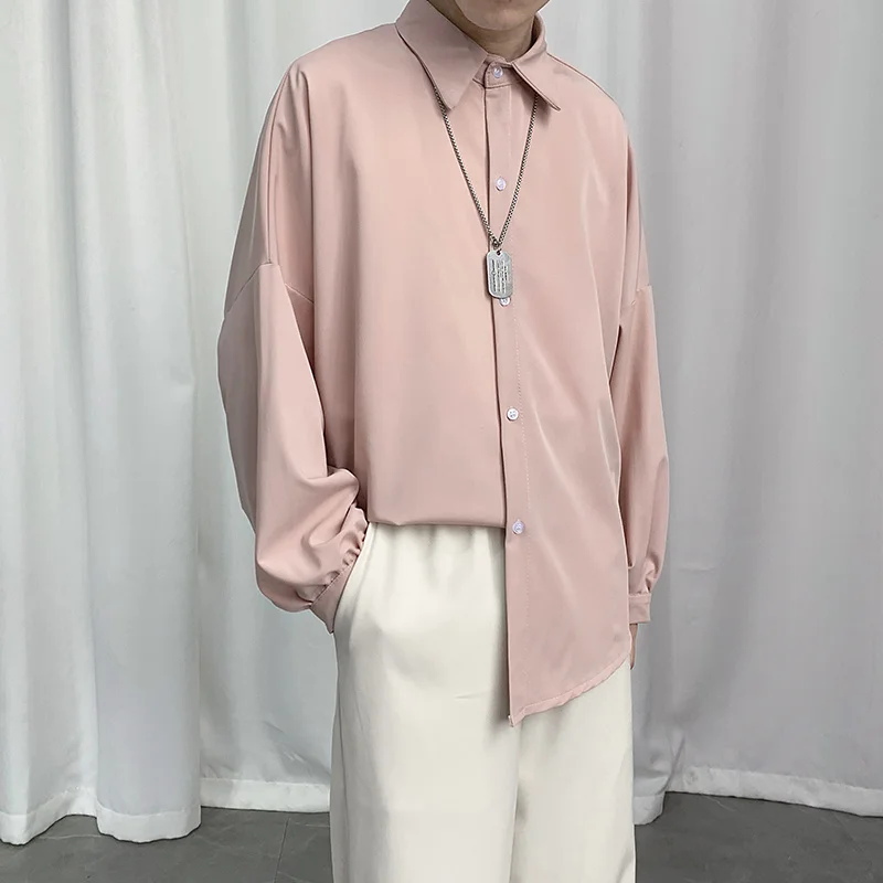 

4 Colors Long Sleeve Shirts Men Fashion Society Mens Dress Shirts Korean Loose Oversized Casual Shirts Mens Ice Silk Shirts