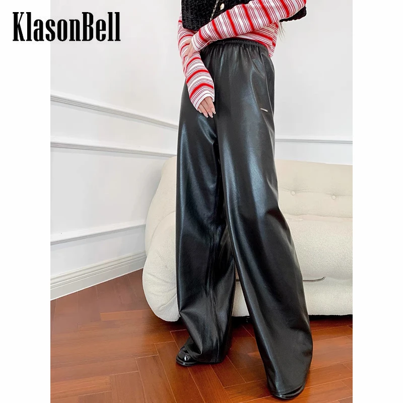 11.3 KlasonBell Temperament Black Elastic High Waist Keep Warm PU Leather Wide Leg Pants Women