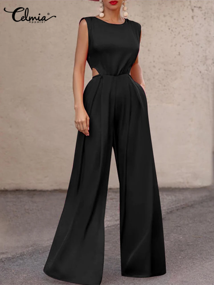 

Celmia Women Wide Leg Pant Overalls Pleated Sleeveless Jumpsuits Fashion O Neck Long Rompers Elegant Solid Waist Cutout Playsuit