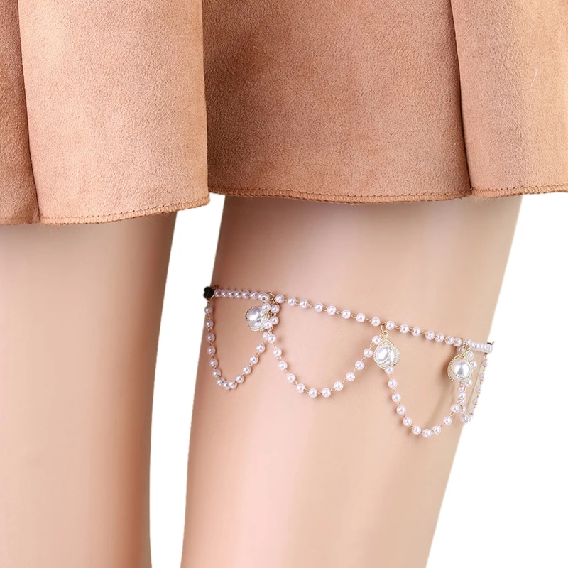 

J78E Girl Leg Chain Elegant Pearl Tassel Thigh Chains Solid Color Body Chain Festival Rave Body Accessory for Women Girls