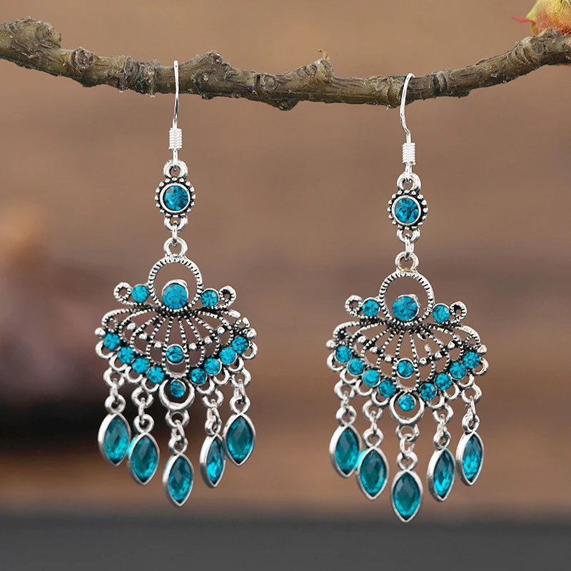 

Ethnic Vintage Water Drop Tassel Earrings for Women Hollow Flower Shaped Rhinestone Crystal Dangle Earrings Pendientes Mujer