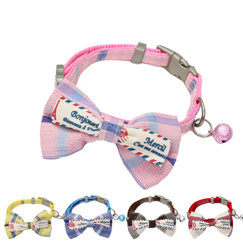 Adjustable Cat Dog Collars Cute Plaid bowknot Bow Tie With Bell Pendant Necklace Fashion British Style Necktie Safety Buckle
